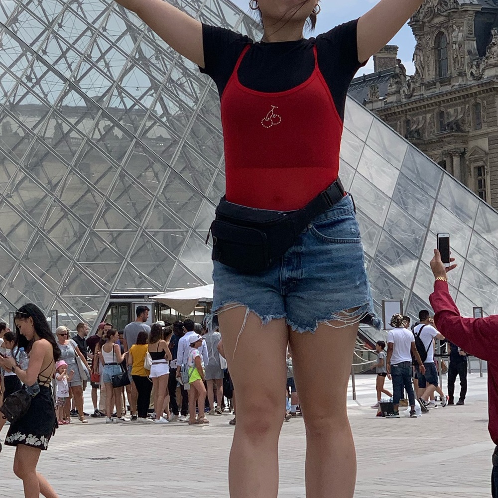 red mesh bodysuit with cherry rhinestone ✨